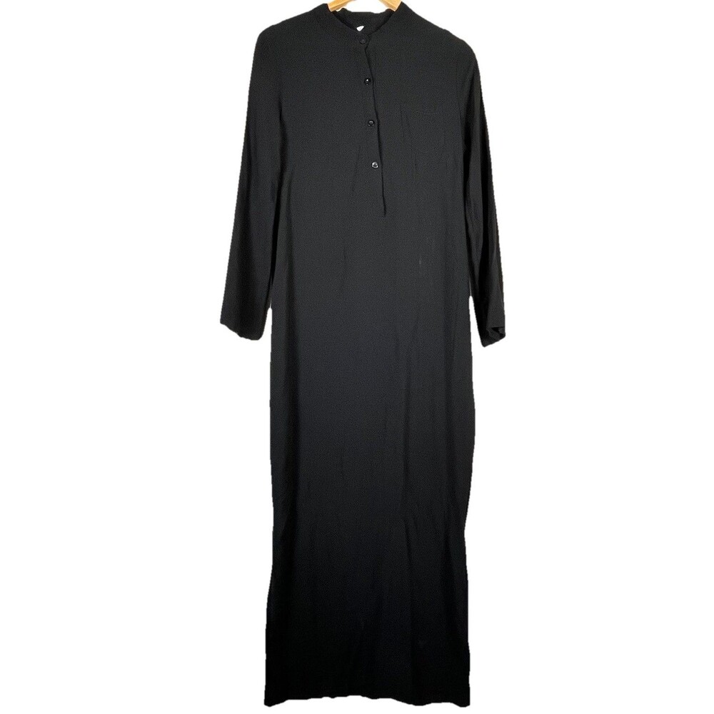 Womens Black Maxi Dress Long Sleeve Modest Abaya Style Button Front Pocket - Picture 2 of 10